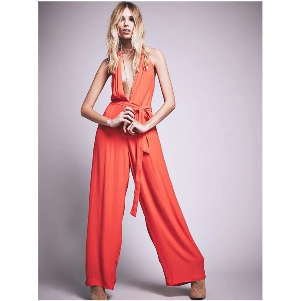 Backstage Sammie Jumpsuit Fanta Orange Deep V-neck Waist Tie New S
